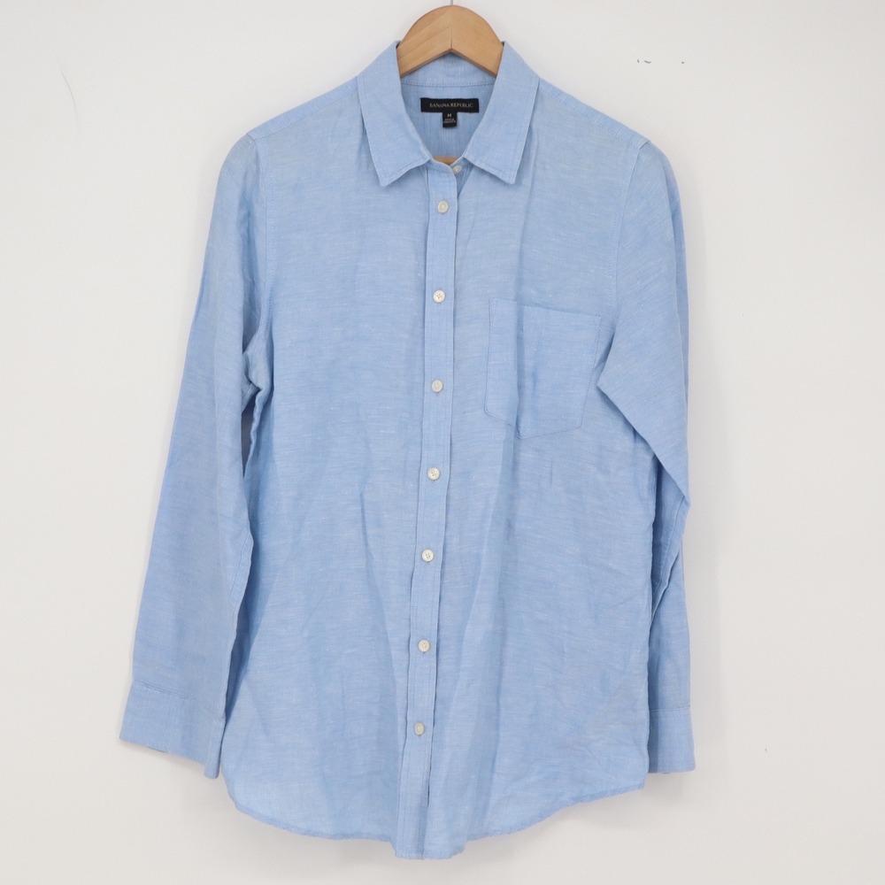 Banana Republic Linen Shirt Womens M Button-down Blue Long Sleeve Excellent